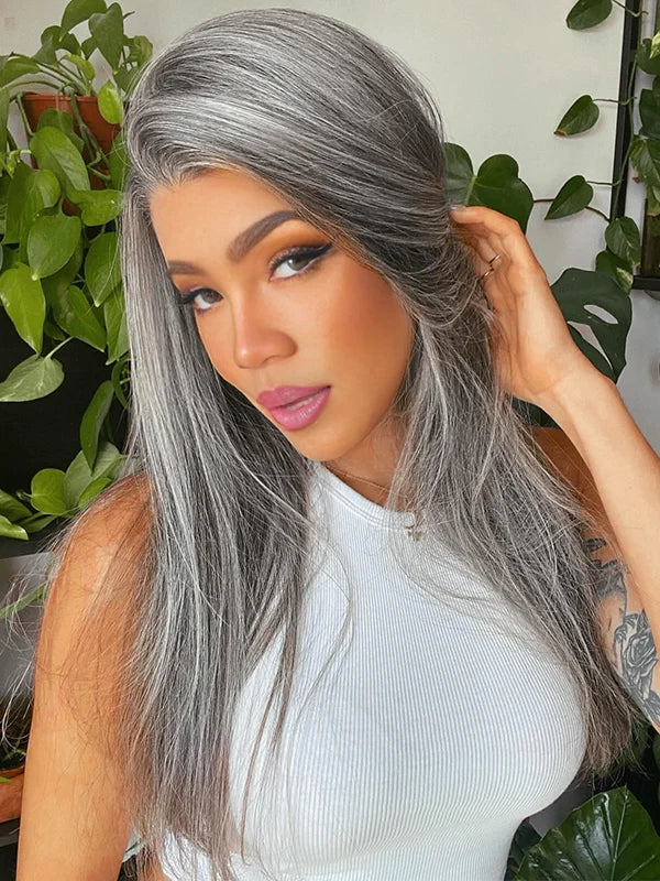 Salt & Pepper Gray Beginner Friendly Glueless Straight Wig 100% Human Hair