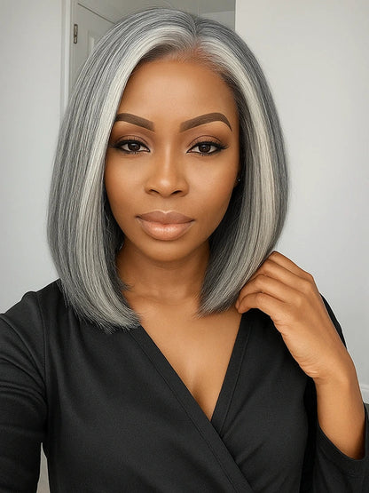 4C Edges Salt & Pepper More Salt Highlight Front Glueless Straight Wig
