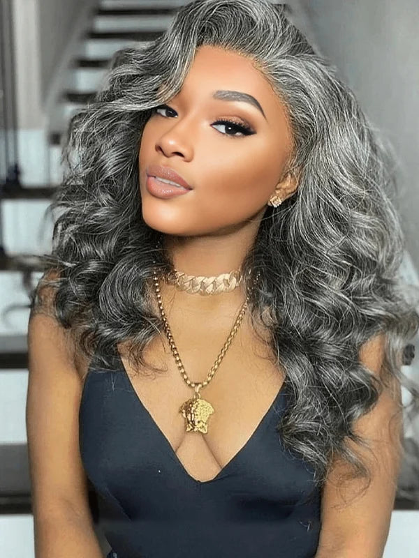13x4 Salt And Pepper Wavy Glueless Gray Color Pre-Cut Lace Wig Human Hair