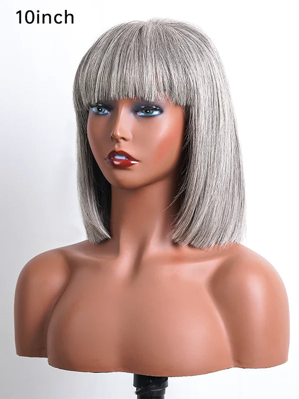 Salt And Pepper Full Machine Made Bang Wig With Small Lace