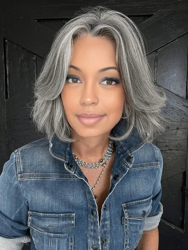 5x5 Salt And Pepper Glueless Gray Color Pre-Cut Lace Layered Cut Straight Bob Wig 100% Human Hair