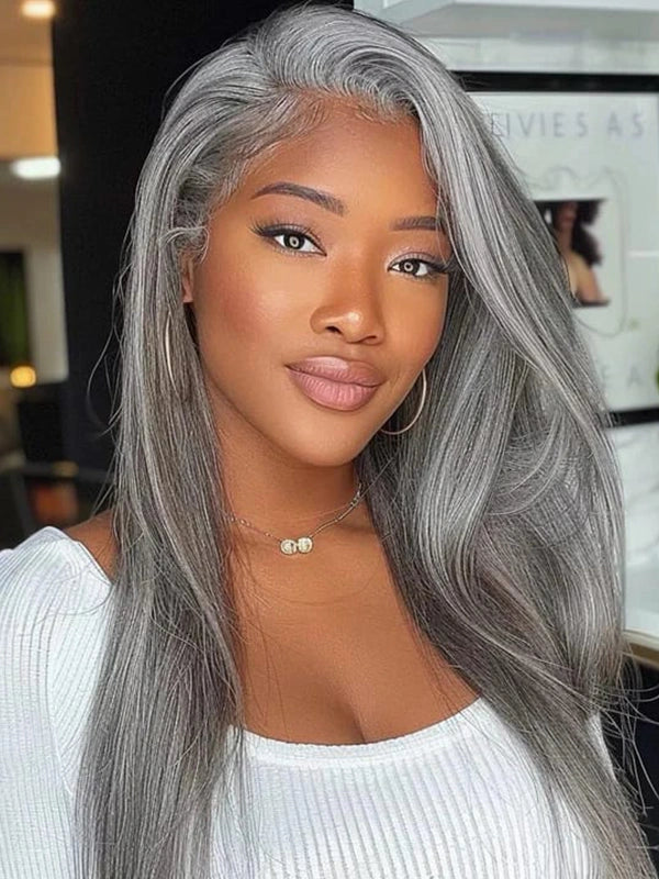 Salt & Pepper Gray Beginner Friendly Glueless Straight Wig 100% Human Hair