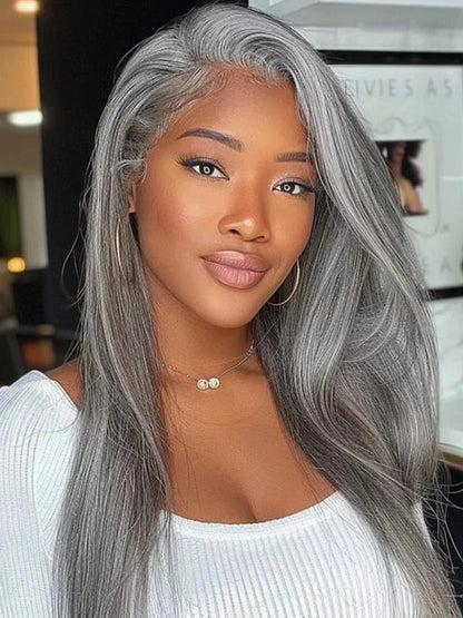 Salt & Pepper Gray Beginner Friendly Glueless Straight Wig 100% Human Hair