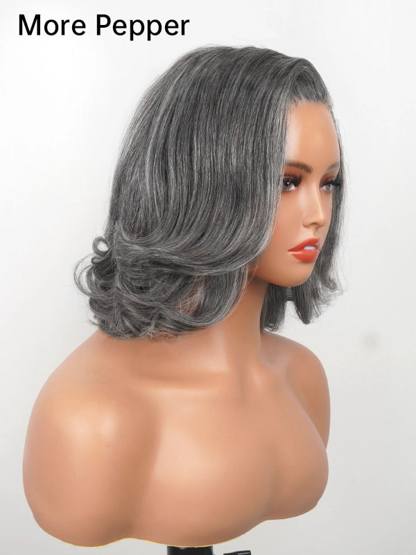 5x5 Salt And Pepper Glueless Gray Color Pre-Cut Lace Layered Cut Straight Bob Wig 100% Human Hair