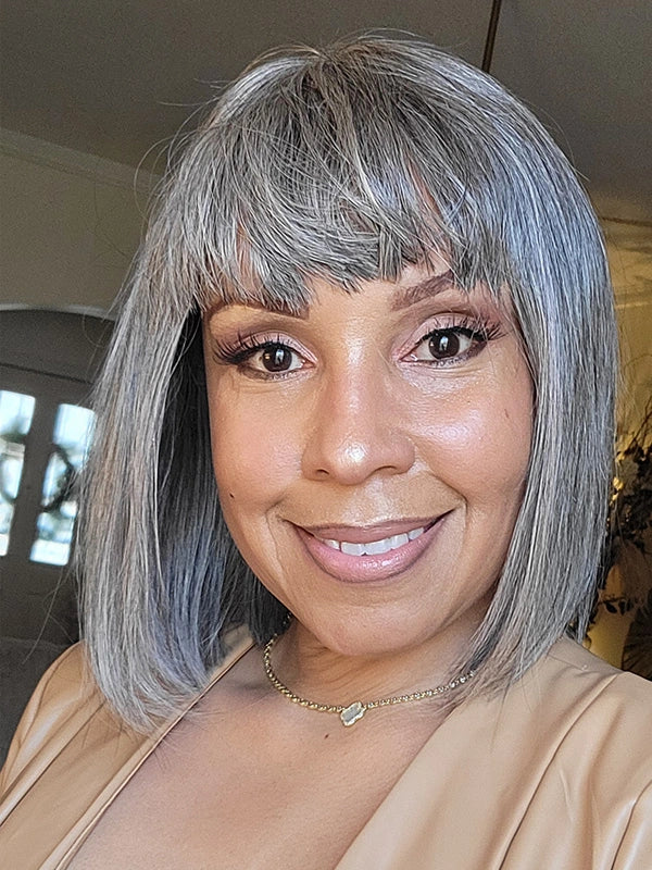 Salt And Pepper Full Machine Made Bang Wig With Small Lace