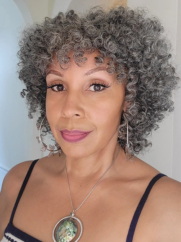 Salt And Pepper Ringlet Curls Wig With Bangs