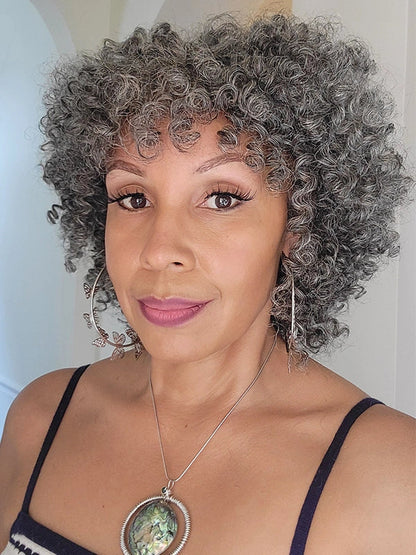 Salt And Pepper Ringlet Curls Wig With Bangs