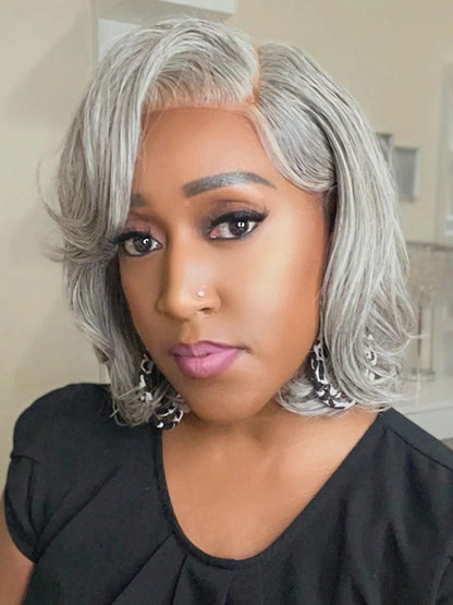 5x5 Salt And Pepper Glueless Gray Color Pre-Cut Lace Layered Cut Straight Bob Wig 100% Human Hair