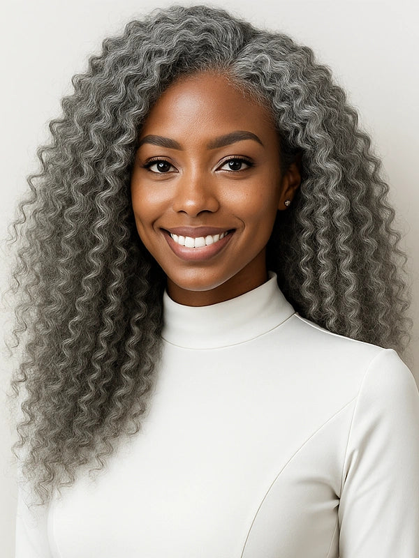 13x4 Salt And Pepper Wand Curly Glueless Gray Color Pre-Cut Lace Wig