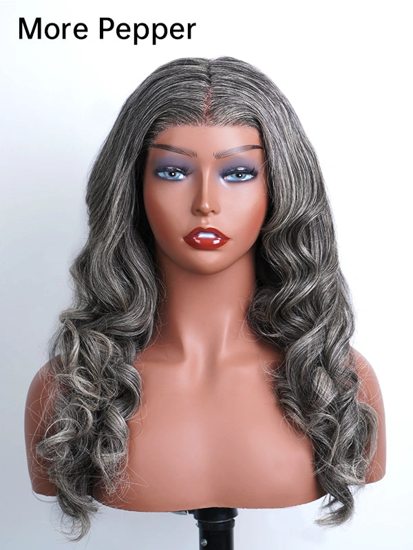 13x4 Salt And Pepper Wavy Glueless Gray Color Pre-Cut Lace Wig Human Hair