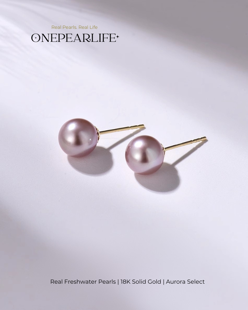 18K Gold Natural Purple Freshwater Pearl Stud Earrings, 5-7.5mm Lavender Pearls