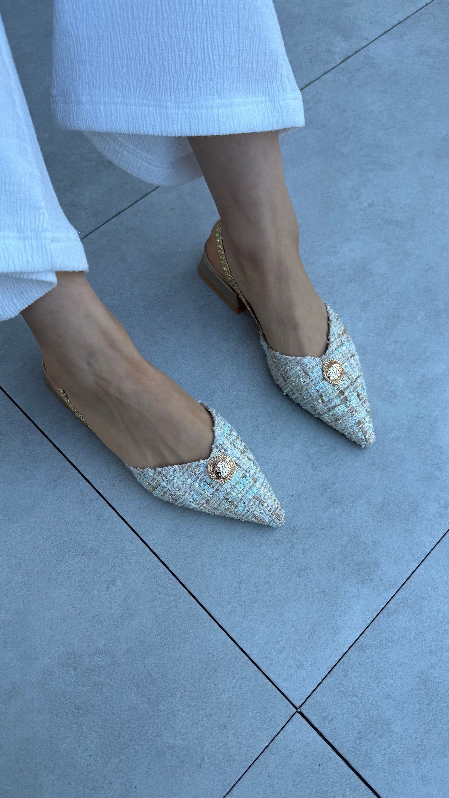 Tweed Ballet Flats with Gold Buckle and Elastic Detail