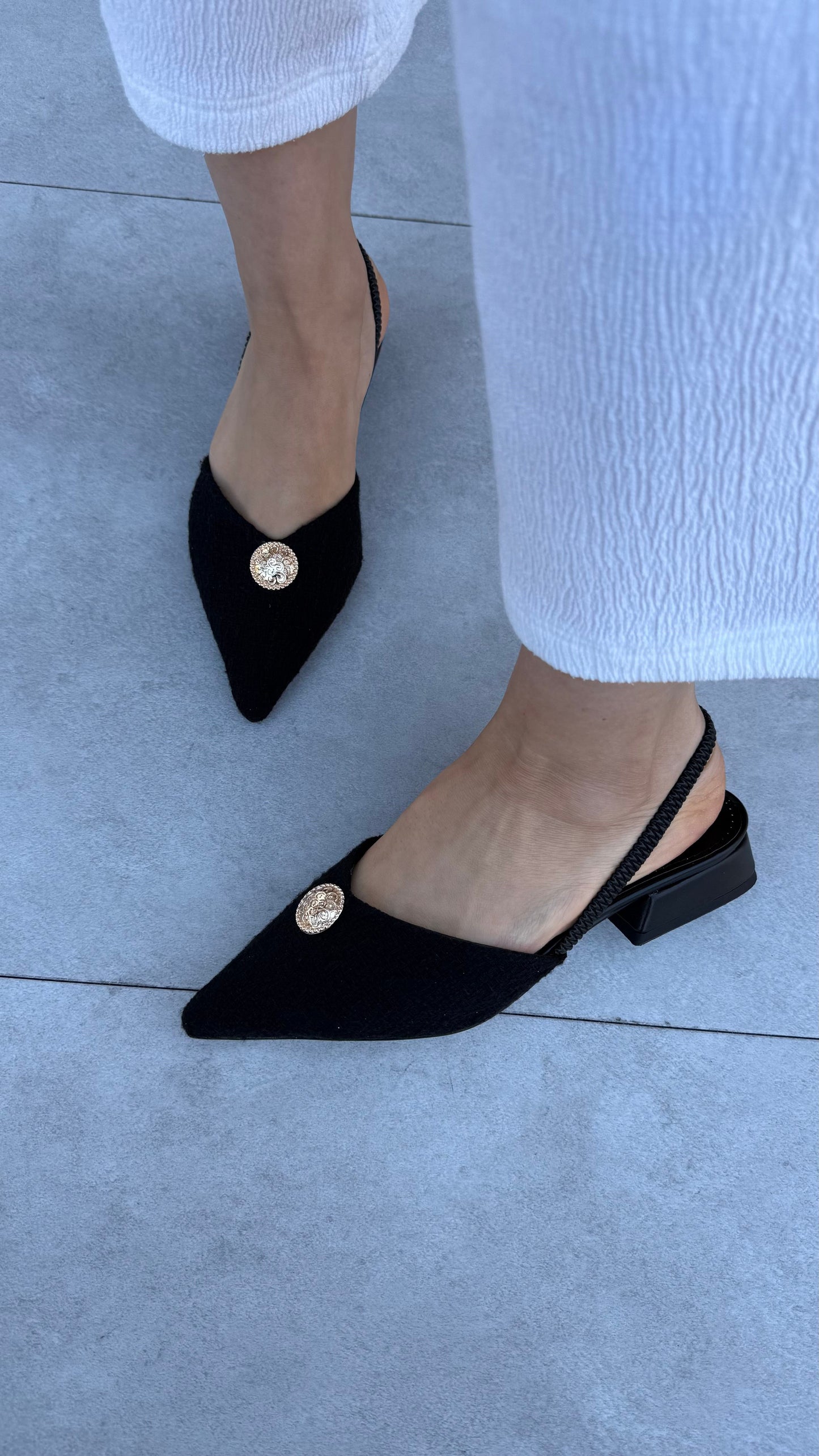 Tweed Ballet Flats with Gold Buckle and Elastic Detail