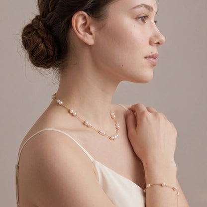 Minimalist 18K Solid Gold Pearl Bracelet, Real Freshwater Single Pearl Choker Bracelet with Gold Beads for Women