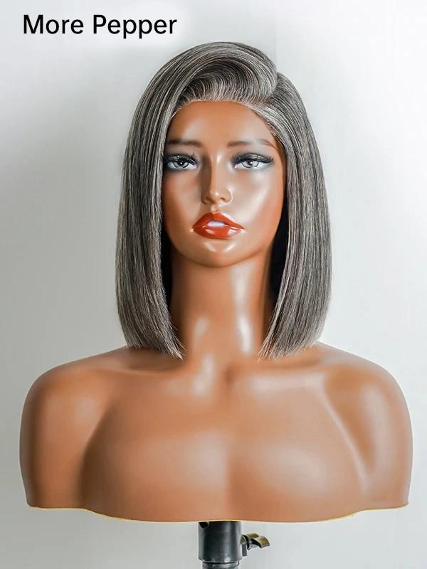 5x5 Salt And Pepper Glueless Gray Color Pre-Cut Lace Straight Bob Wig For Black Women