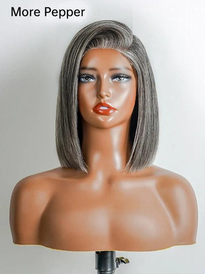 5x5 Salt And Pepper Glueless Gray Color Pre-Cut Lace Straight Bob Wig For Black Women