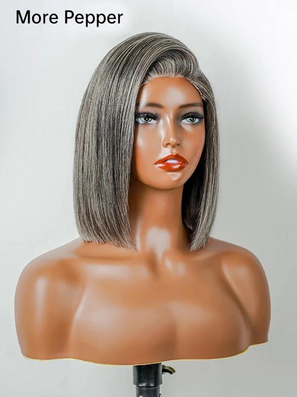 5x5 Salt And Pepper Glueless Gray Color Pre-Cut Lace Straight Bob Wig For Black Women