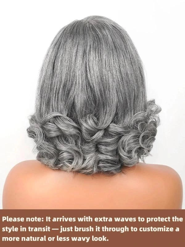 5x5 Salt And Pepper Glueless Gray Color Pre-Cut Lace Layered Cut Straight Bob Wig 100% Human Hair