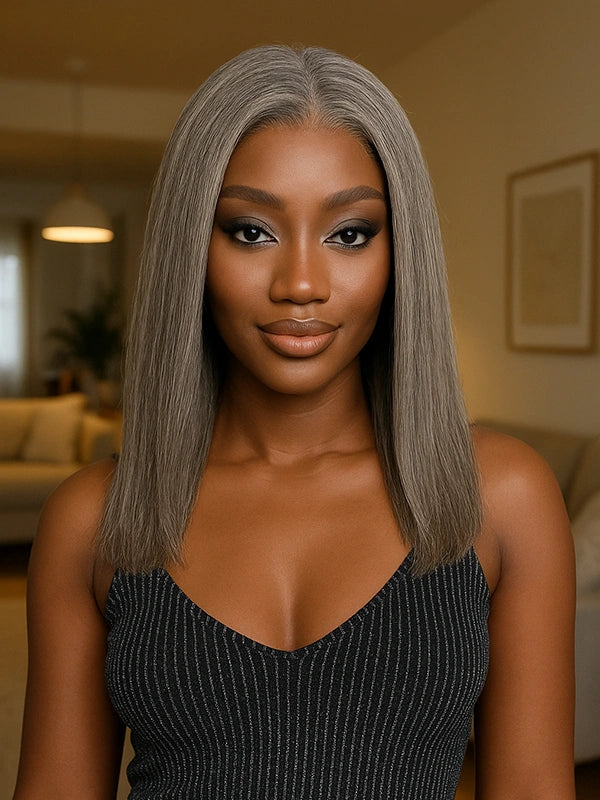 Salt & Pepper Gray Beginner Friendly Glueless Straight Wig 100% Human Hair