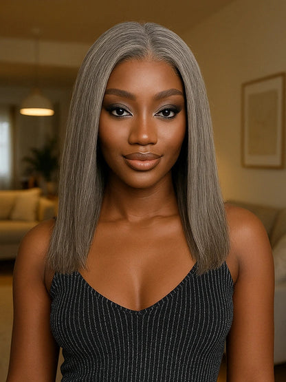 Salt & Pepper Gray Beginner Friendly Glueless Straight Wig 100% Human Hair