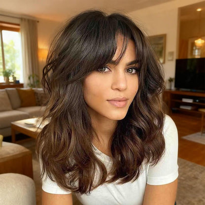 Glueless Shoulder Length Brown Ombre Layered Wavy Wigs With Curtain Bangs Lace Front Human Hair Wigs