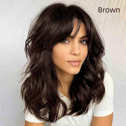 Glueless Shoulder Length Brown Ombre Layered Wavy Wigs With Curtain Bangs Lace Front Human Hair Wigs