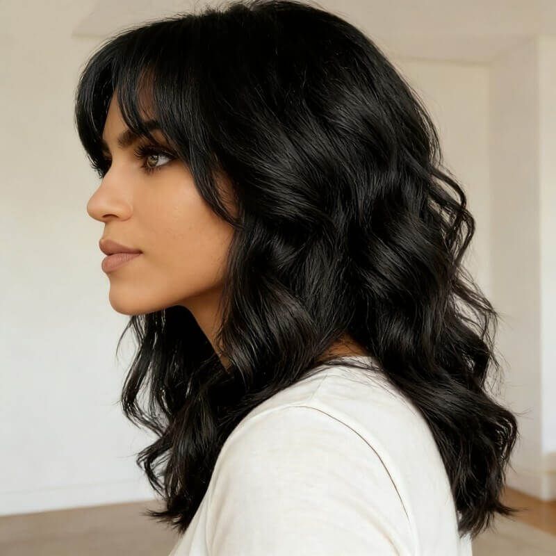 Glueless Shoulder Length Brown Ombre Layered Wavy Wigs With Curtain Bangs Lace Front Human Hair Wigs