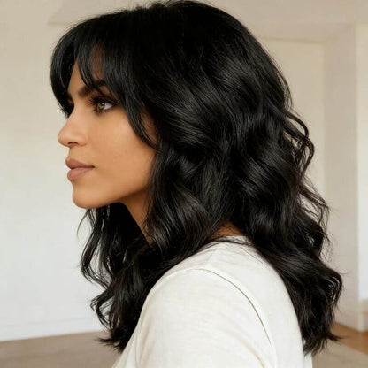 Glueless Shoulder Length Brown Ombre Layered Wavy Wigs With Curtain Bangs Lace Front Human Hair Wigs