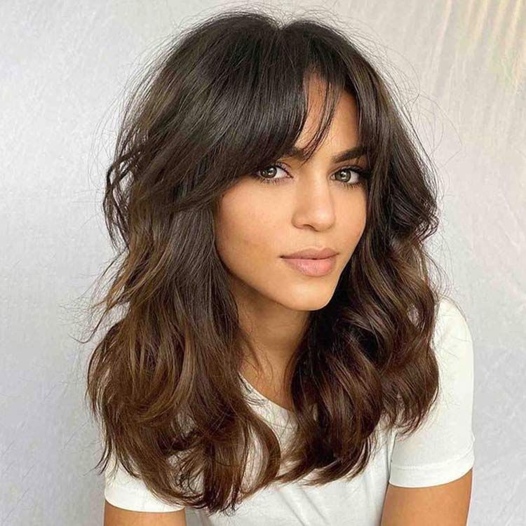 Glueless Shoulder Length Brown Ombre Layered Wavy Wigs With Curtain Bangs Lace Front Human Hair Wigs
