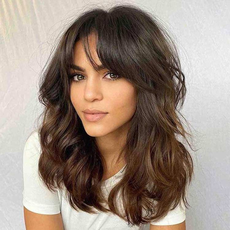 Glueless Shoulder Length Brown Ombre Layered Wavy Wigs With Curtain Bangs Lace Front Human Hair Wigs