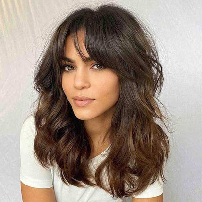 Glueless Shoulder Length Brown Ombre Layered Wavy Wigs With Curtain Bangs Lace Front Human Hair Wigs