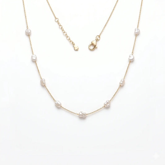 Organic 18K Solid Gold Baroque Pearl Station Necklace