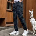 Blue and black plaid micro-elastic slim-fitting pants