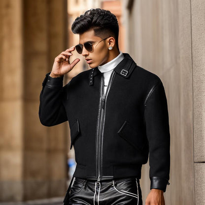 Leather-trimmed lapel cashmere-blend jacket