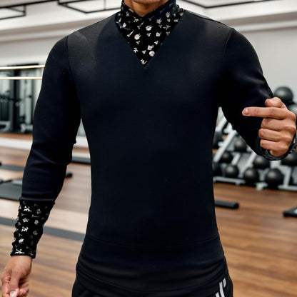 Gold lacquer printed collar slim fit stretch top