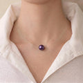 18K Solid Gold Premium Edison Purple Pearl Floating Necklace - Invisible Chain Solitaire