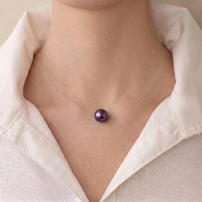 18K Solid Gold Premium Edison Purple Pearl Floating Necklace - Invisible Chain Solitaire
