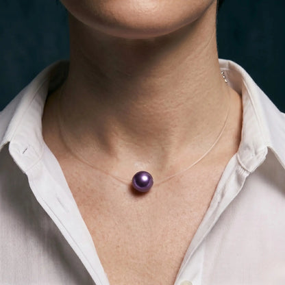 18K Solid Gold Premium Edison Purple Pearl Floating Necklace - Invisible Chain Solitaire