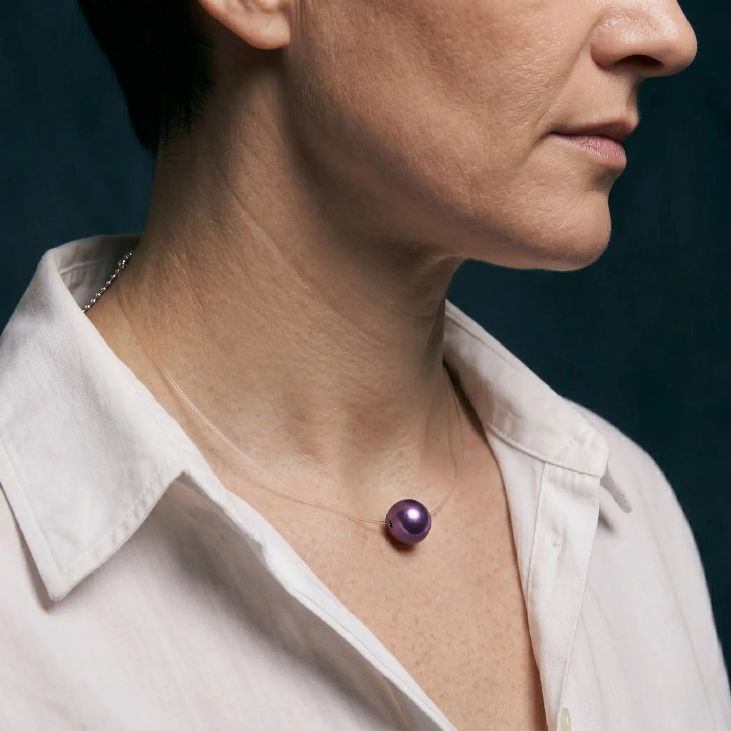 18K Solid Gold Premium Edison Purple Pearl Floating Necklace - Invisible Chain Solitaire