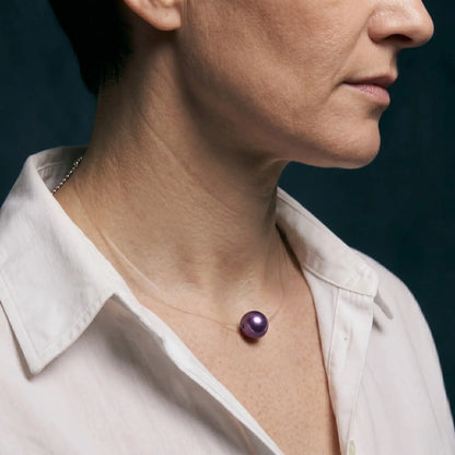 18K Solid Gold Premium Edison Purple Pearl Floating Necklace - Invisible Chain Solitaire