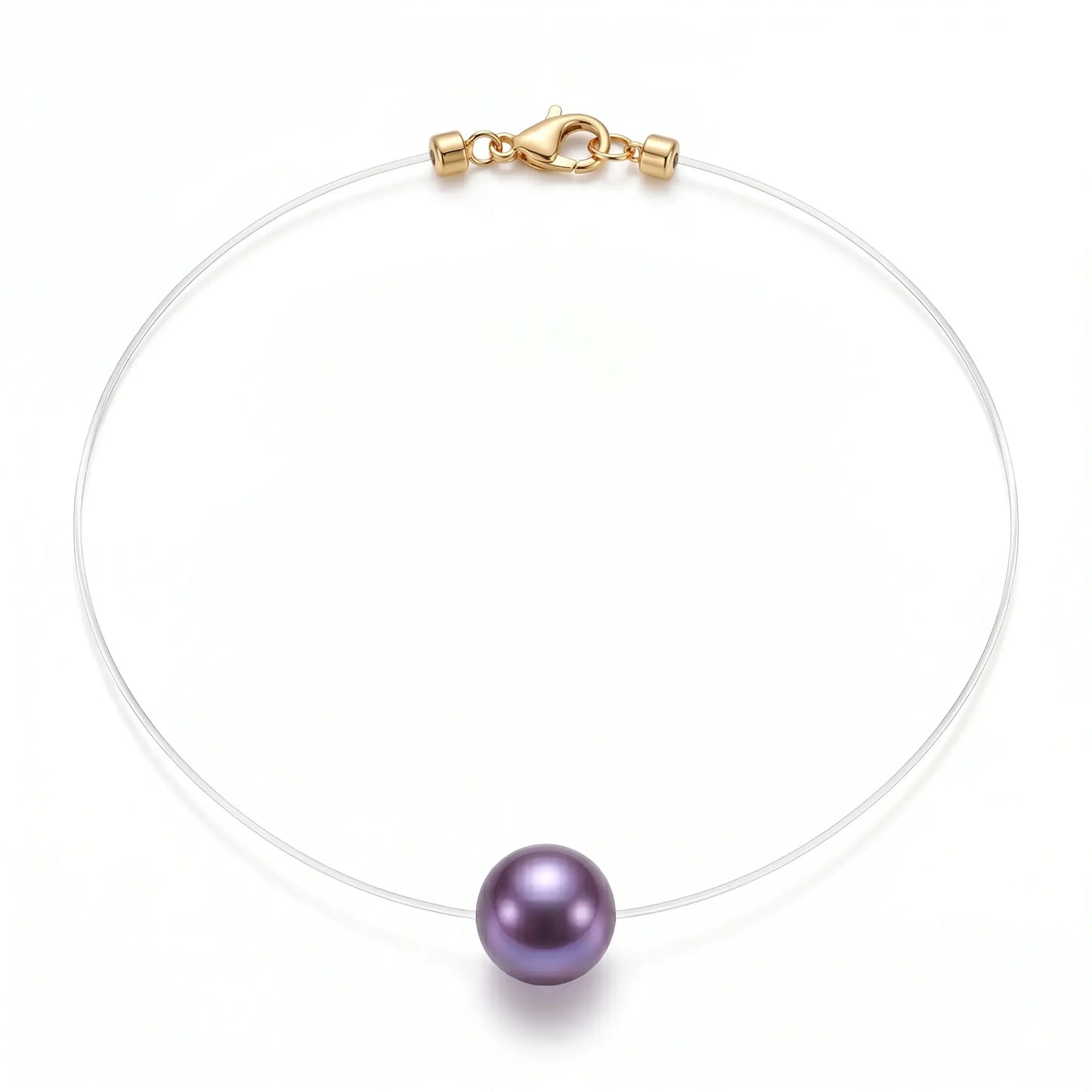 18K Solid Gold Premium Edison Purple Pearl Floating Necklace - Invisible Chain Solitaire