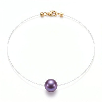 18K Solid Gold Premium Edison Purple Pearl Floating Necklace - Invisible Chain Solitaire