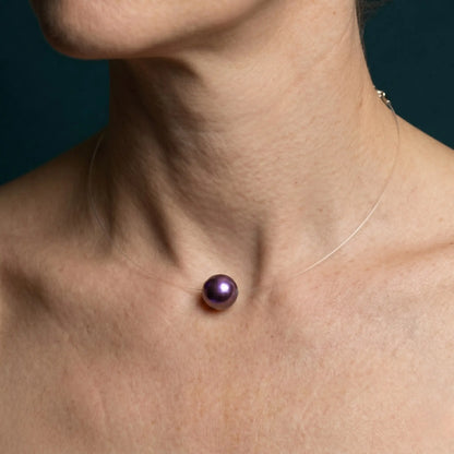 18K Solid Gold Premium Edison Purple Pearl Floating Necklace - Invisible Chain Solitaire