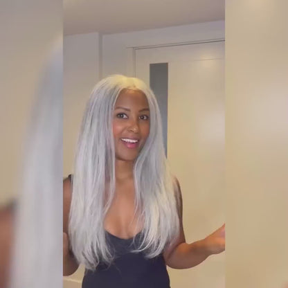 Marshana | Silver Luxe Gray 13x4 HD Lace Full Frontal Wig Straight Human Hair Salt And Pepper Wig For Women