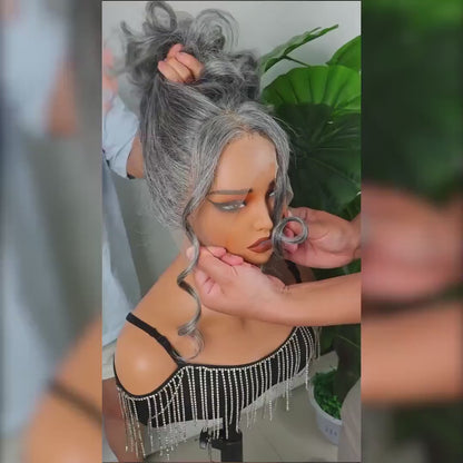 Marshana | Silver Luxe Gray 13x4 HD Lace Full Frontal Wig Straight Human Hair Salt And Pepper Wig For Women