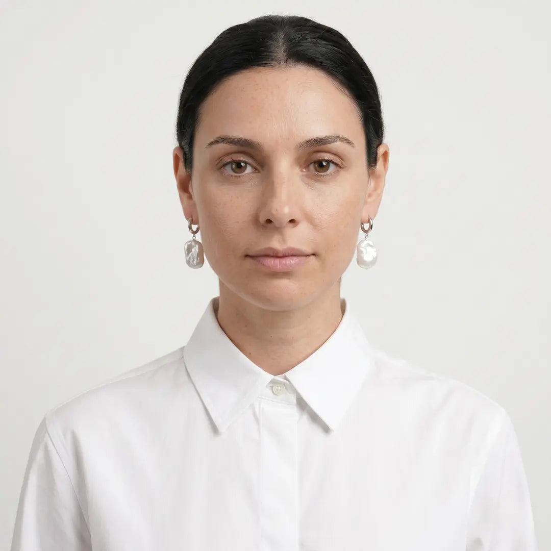 Rectangular Geometric Hoop Earrings with Lustrous Baroque Pearl Drops