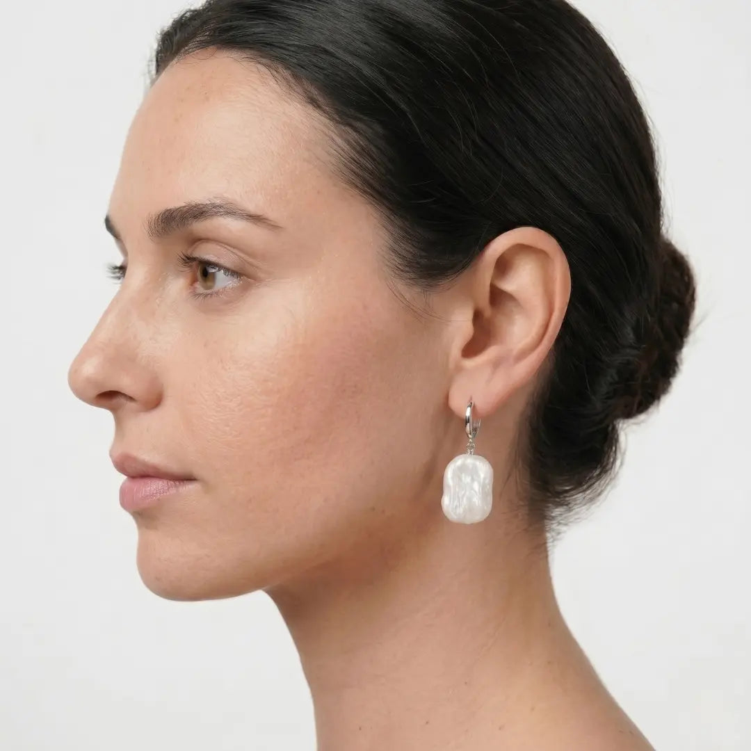 Rectangular Geometric Hoop Earrings with Lustrous Baroque Pearl Drops