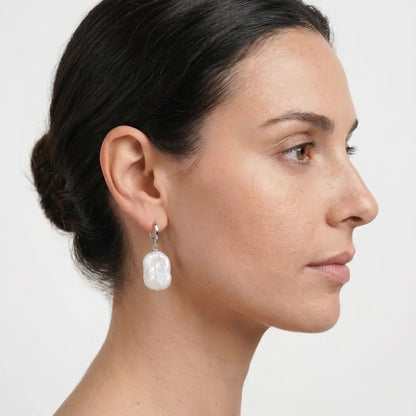 Rectangular Geometric Hoop Earrings with Lustrous Baroque Pearl Drops