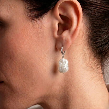Rectangular Geometric Hoop Earrings with Lustrous Baroque Pearl Drops