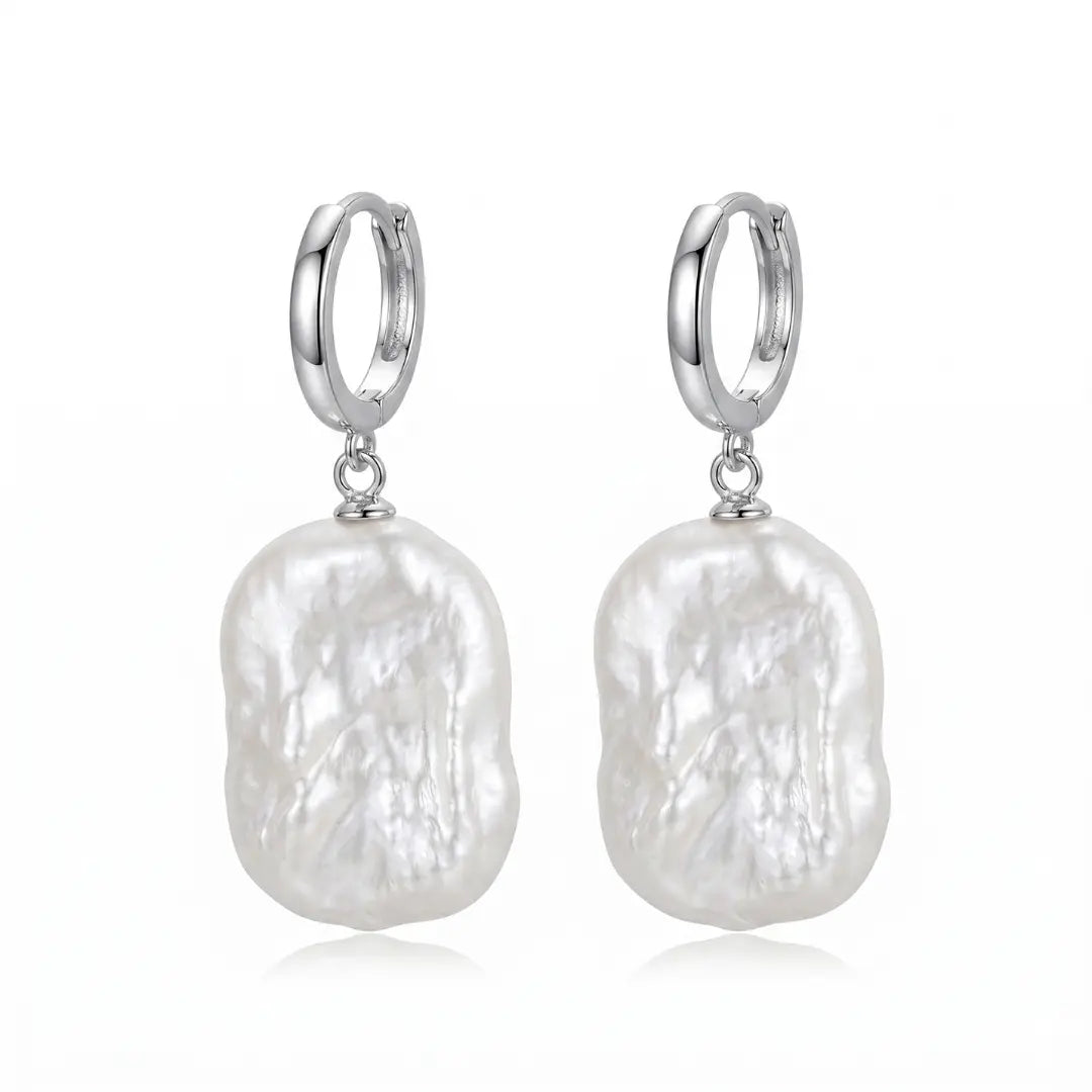 Rectangular Geometric Hoop Earrings with Lustrous Baroque Pearl Drops